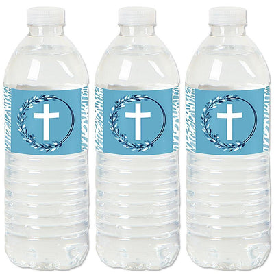 Blue Elegant Cross - Boy Religious Party Water Bottle Sticker Labels - Set of 20