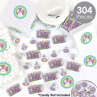 Hippity Hoppity - Mini Candy Bar Wrappers, Round Candy Stickers and Circle Stickers - Easter Bunny Party Candy Favor Sticker Kit - 304 Pieces