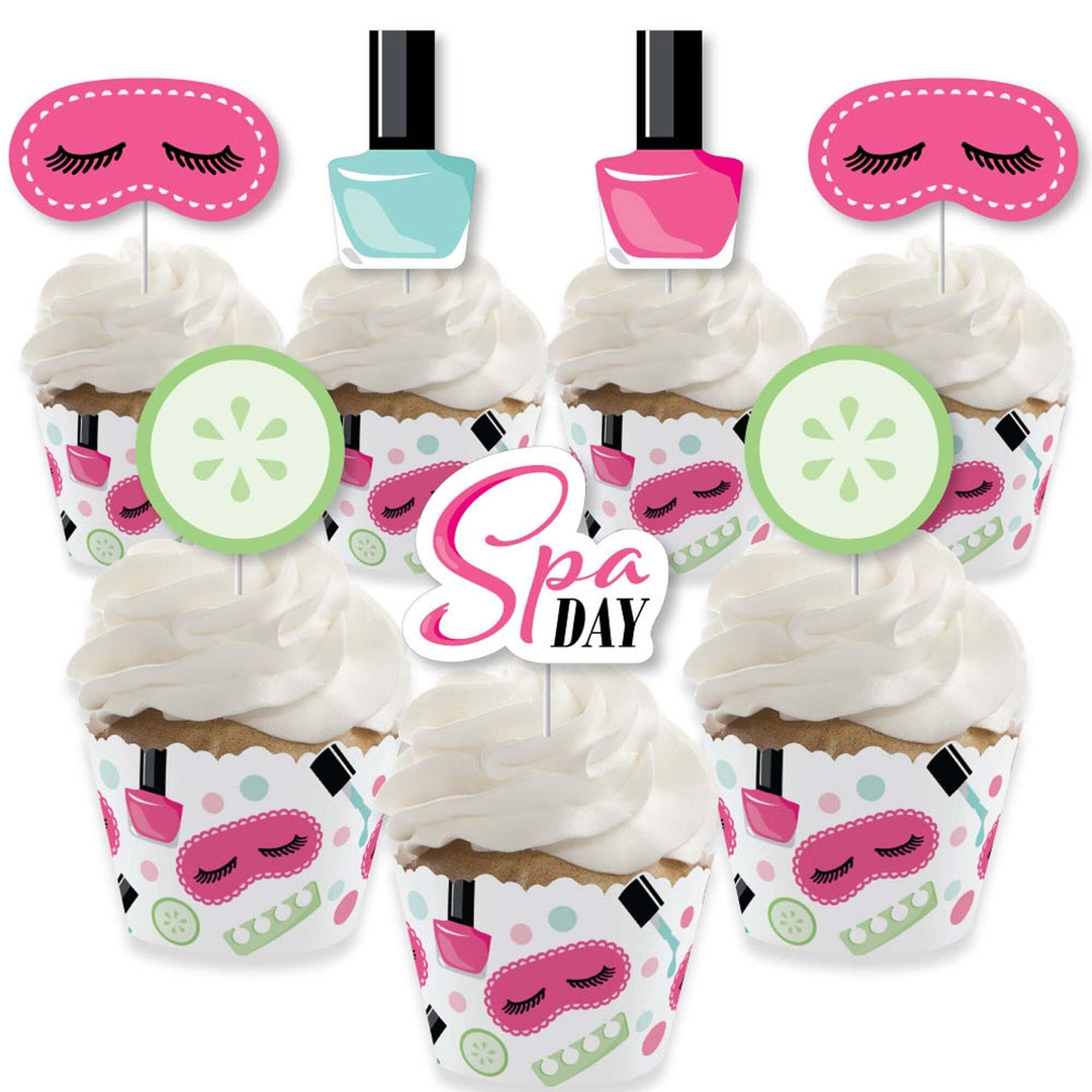Spa Day - Cupcake Decoration - Girls Makeup Party Cupcake Wrappers and Treat Picks Kit - Set of 24