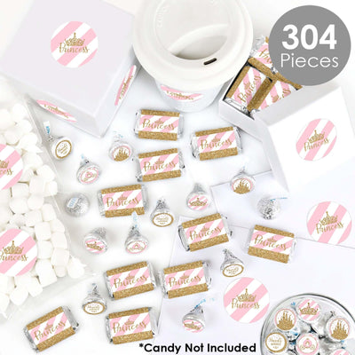 Little Princess Crown - Mini Candy Bar Wrappers, Round Candy Stickers and Circle Stickers - Pink and Gold Princess Baby Shower or Birthday Party Candy Favor Sticker Kit - 304 Pieces