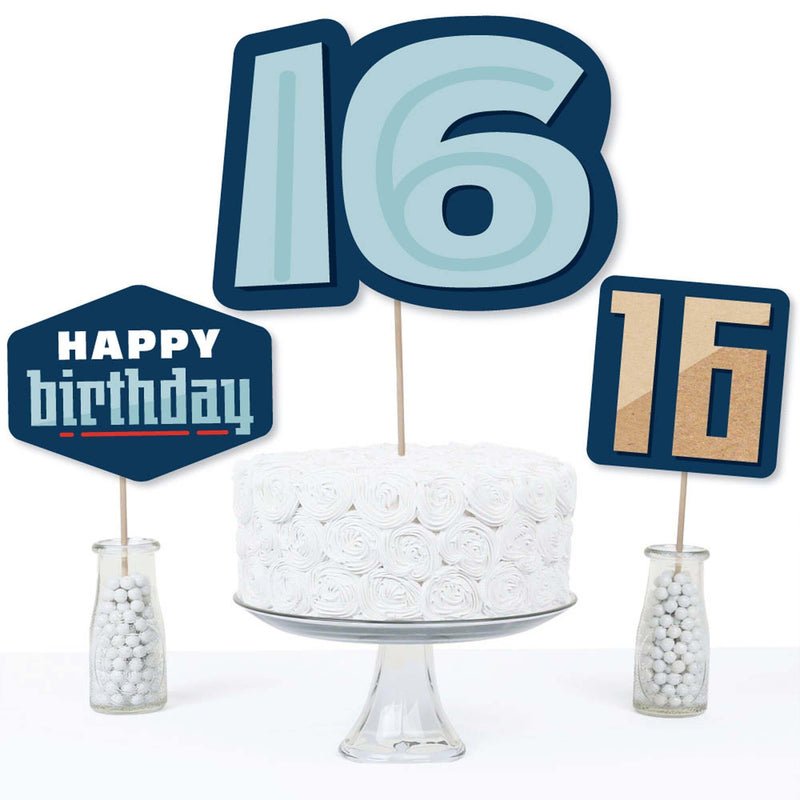 Boy 16th Birthday - Sweet Sixteen Birthday Centerpiece Sticks - Table Toppers - Set of 15