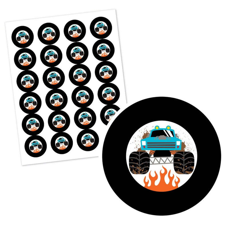 Smash and Crash - Monster Truck - Personalized Boy Birthday Party Circle Sticker Labels - 24 Count