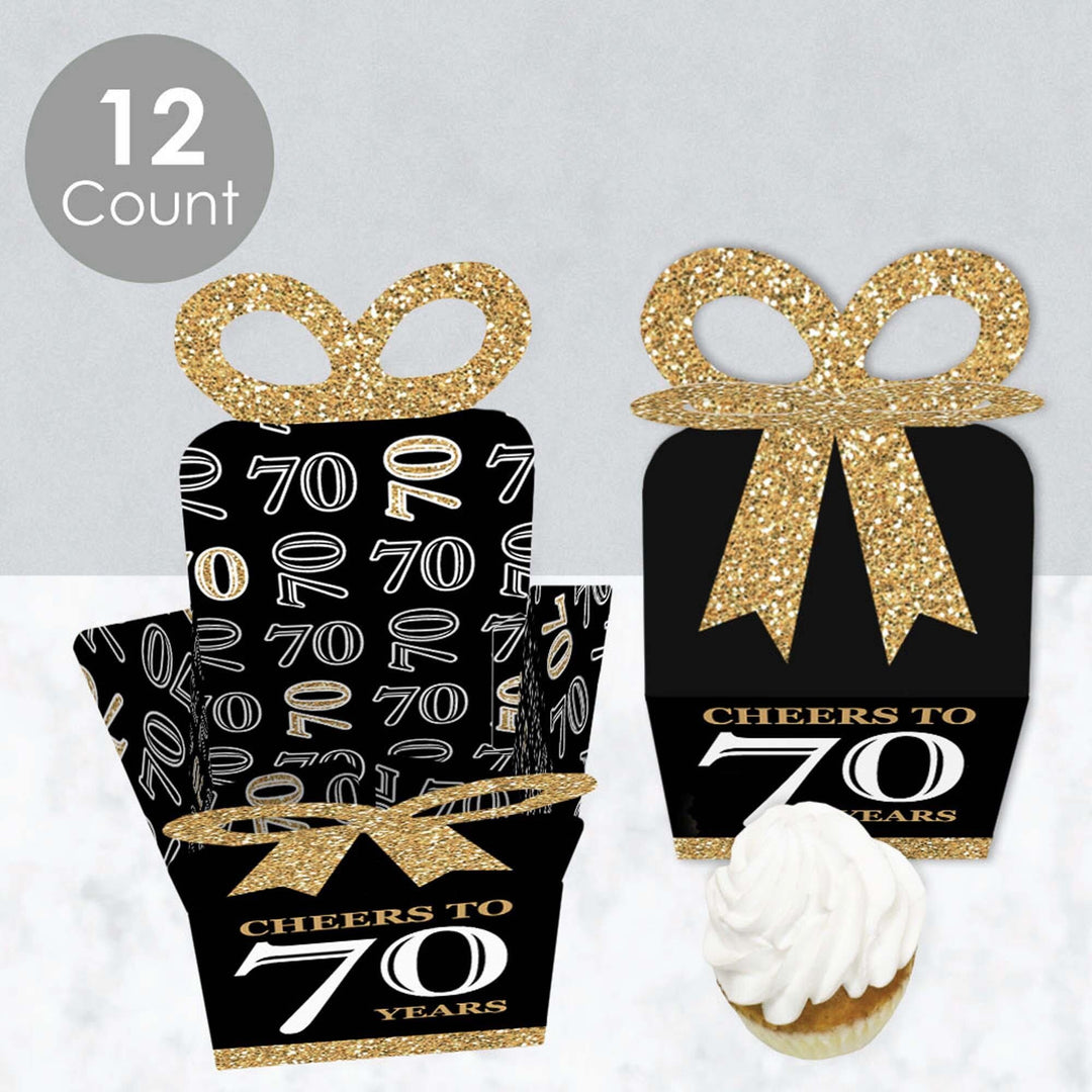 Adult 70th Birthday - Gold - Square Favor Gift Boxes - Birthday Party Bow Boxes - Set of 12