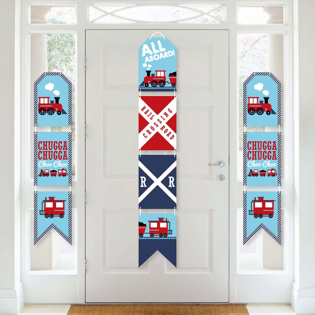 Railroad Party Crossing - Hanging Vertical Paper Door Banners - Steam Train Birthday Party or Baby Shower Wall Decoration Kit - Indoor Door Decor