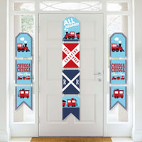 Railroad Party Crossing - Hanging Vertical Paper Door Banners - Steam Train Birthday Party or Baby Shower Wall Decoration Kit - Indoor Door Decor