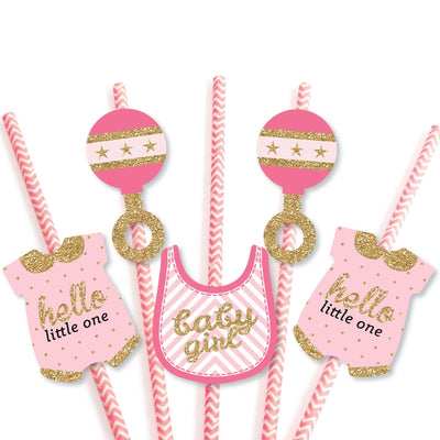 Hello Little One - Pink and Gold - Paper Straw Decor - Baby Shower Striped Decorative Straws - Set of 24