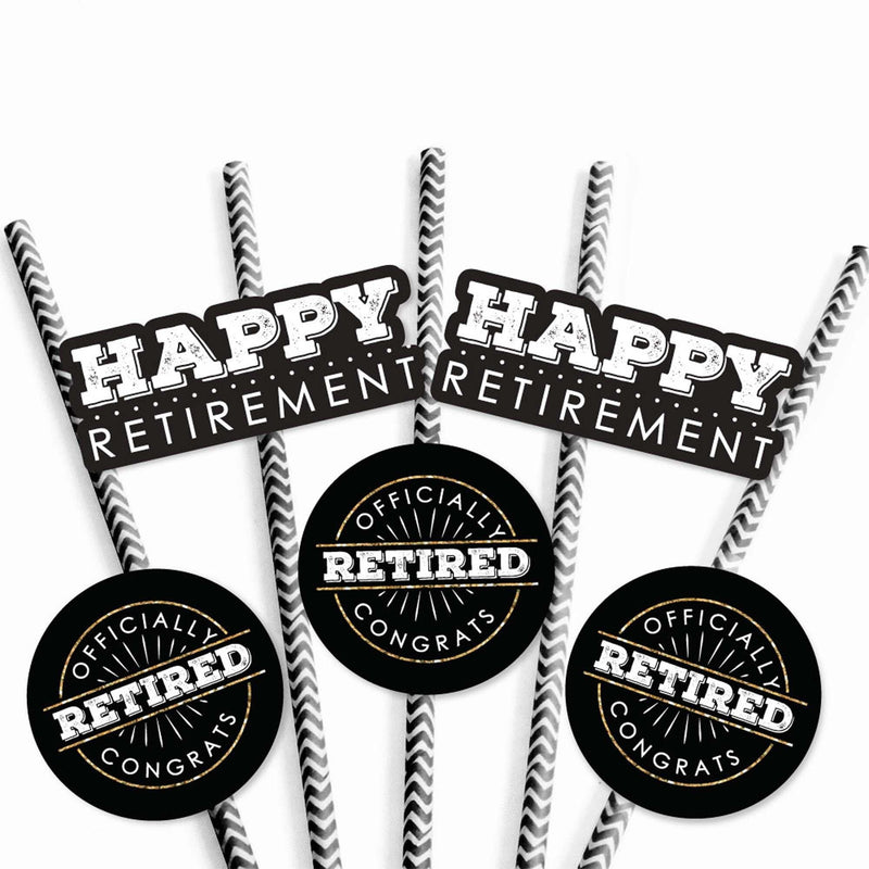 Happy Retirement - Retirement Party Straw Decor with Striped Paper Straws - Set of 24