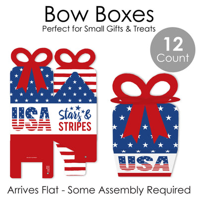 Stars & Stripes - Square Favor Gift Boxes - Memorial Day, 4th of July and Labor Day USA Patriotic Party Bow Boxes - Set of 12