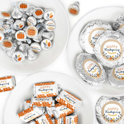 Happy Thanksgiving - Mini Candy Bar Wrappers, Round Candy Stickers and Circle Stickers - Fall Harvest Party Candy Favor Sticker Kit - 304 Pieces