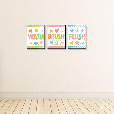 Colorful Children's Decor - Kids Bathroom Rules Wall Art - 7.5 x 10 inches - Set of 3 Signs - Wash, Brush, Flush