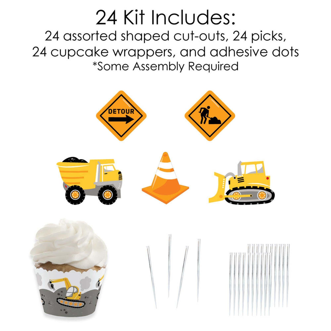 Dig It - Construction Party Zone - Cupcake Decoration - Baby Shower or Birthday Party Cupcake Wrappers and Treat Picks Kit - Set of 24