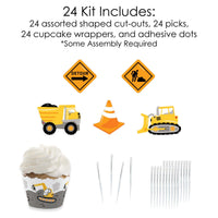 Dig It - Construction Party Zone - Cupcake Decoration - Baby Shower or Birthday Party Cupcake Wrappers and Treat Picks Kit - Set of 24