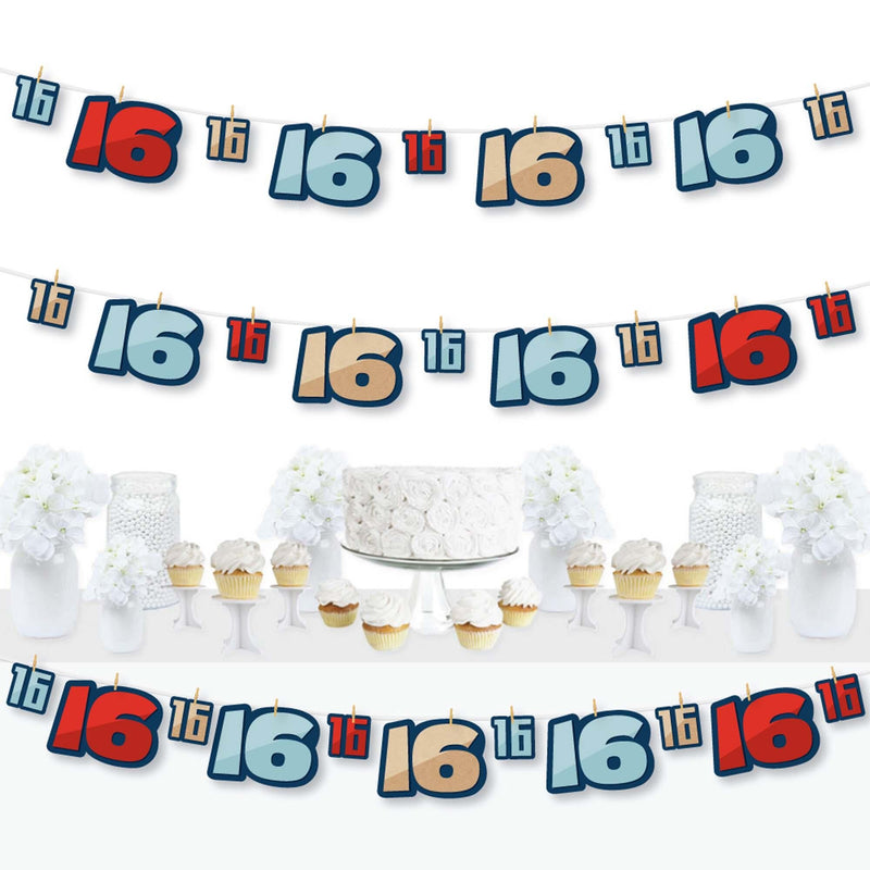 Boy 16th Birthday - Sweet Sixteen Birthday Party DIY Decorations - Clothespin Garland Banner - 44 Pieces