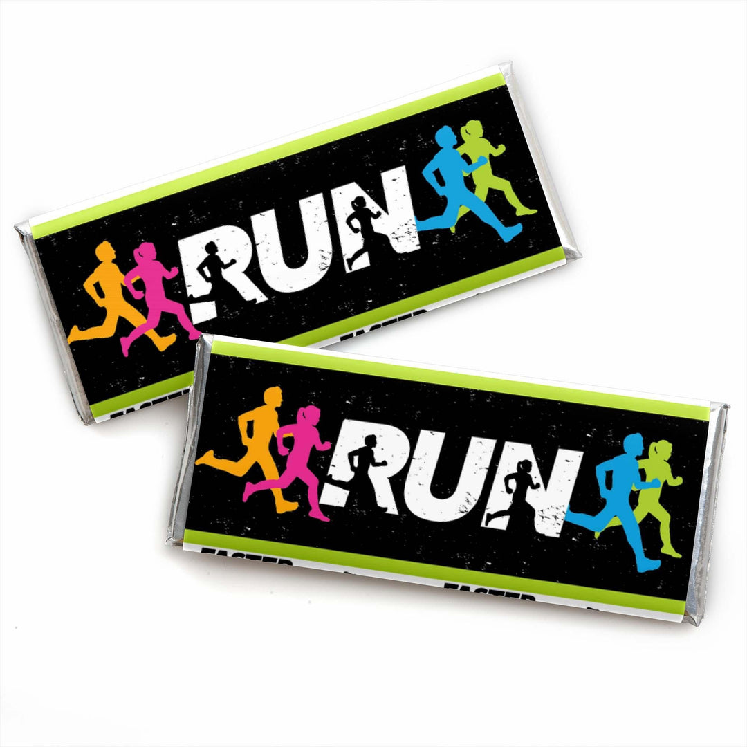 Two candy bar wrappers with a running-themed design, featuring multicolored figures of runners and the word 'RUN' prominently displayed.