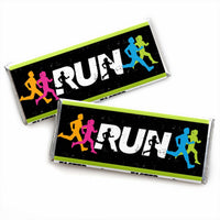 Two candy bar wrappers with a running-themed design, featuring multicolored figures of runners and the word 'RUN' prominently displayed.