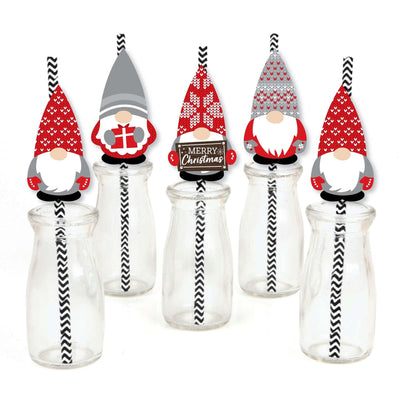 Christmas Gnomes - Paper Straw Decor - Holiday Party Striped Decorative Straws - Set of 24