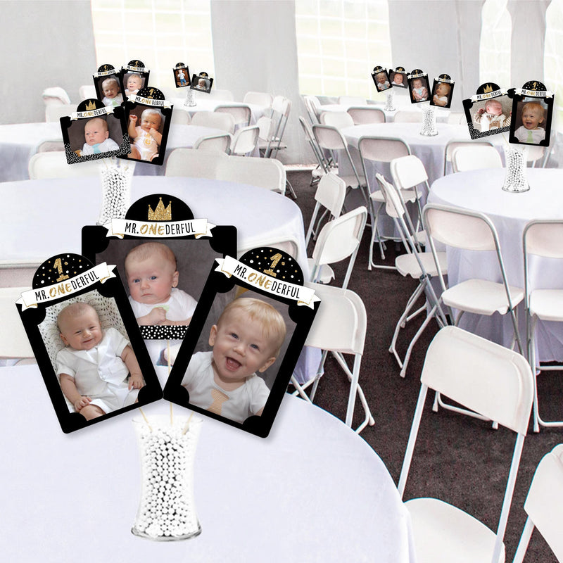 1st Birthday Little Mr. Onederful - Boy First Birthday Party Picture Centerpiece Sticks - Photo Table Toppers - 15 Pieces