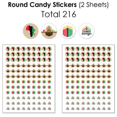 Happy Kwanzaa - Mini Candy Bar Wrappers, Round Candy Stickers and Circle Stickers - African Heritage Holiday Candy Favor Sticker Kit - 304 Pieces