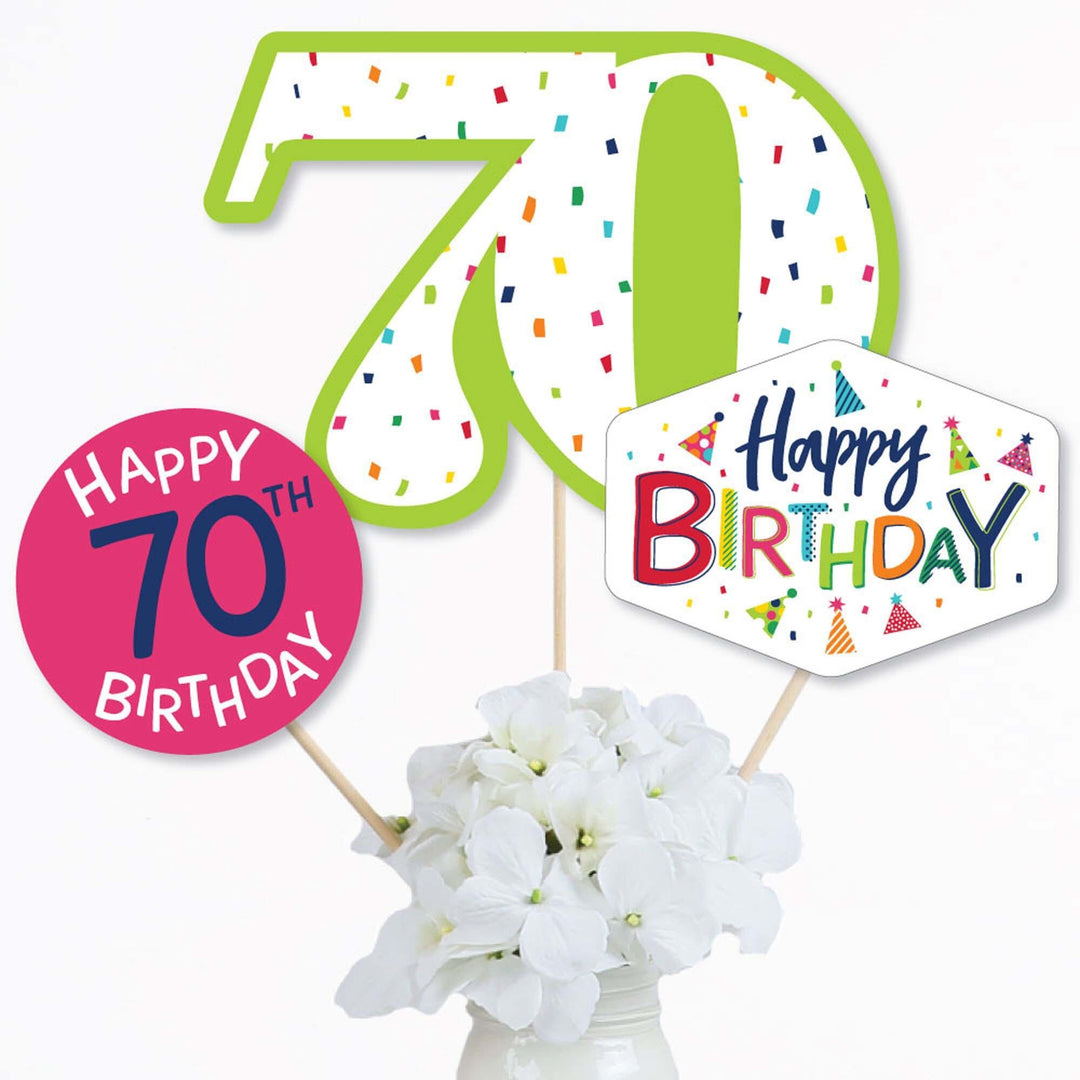 70th Birthday - Cheerful Happy Birthday - Colorful Seventieth Birthday Party Centerpiece Sticks - Table Toppers - Set of 15