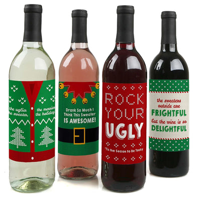 Ugly Sweater - Holiday and Christmas Decorations for Women and Men - Wine Bottle Label Stickers - Set of 4