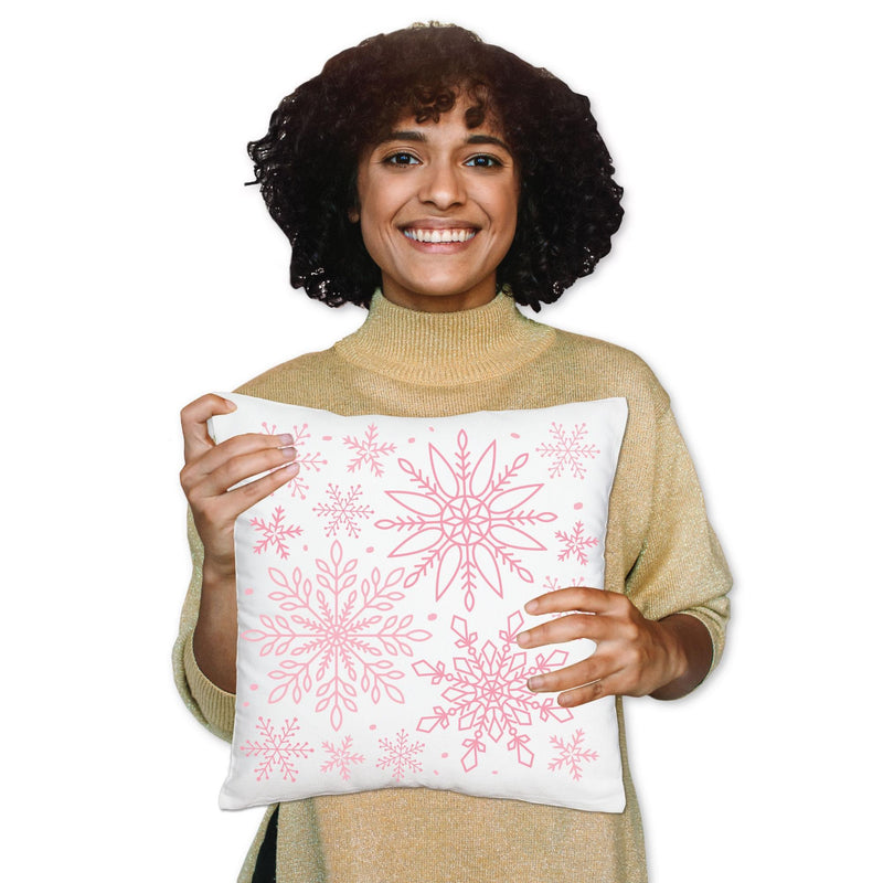 Pink Winter Wonderland - Holiday Snowflake Birthday Party and Baby Shower Home Decorative Canvas Cushion Case - Throw Pillow Cover - 16 x 16 Inches