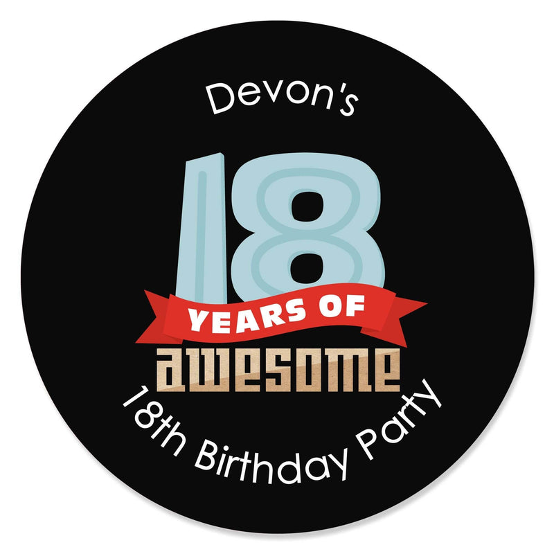 Boy 18th Birthday - Personalized Eighteenth Birthday Party Circle Sticker Labels - 24 Count