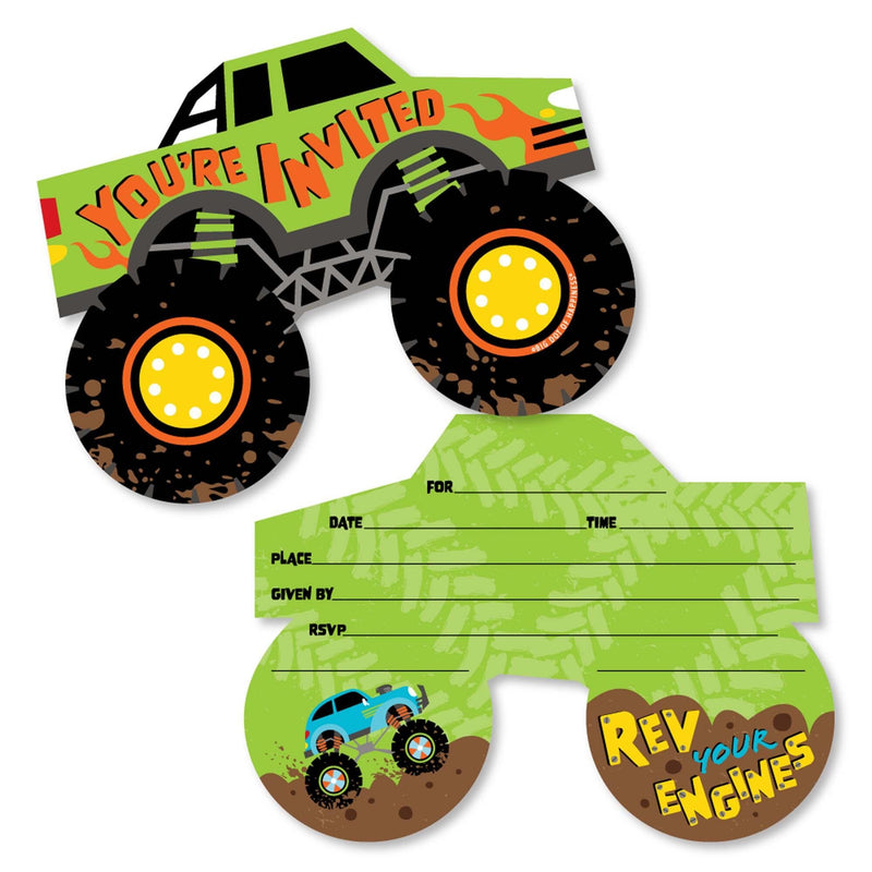 Smash and Crash - Monster Truck - Shaped Fill-In Invitations - Boy Birthday Party Invitation Cards with Envelopes - Set of 12