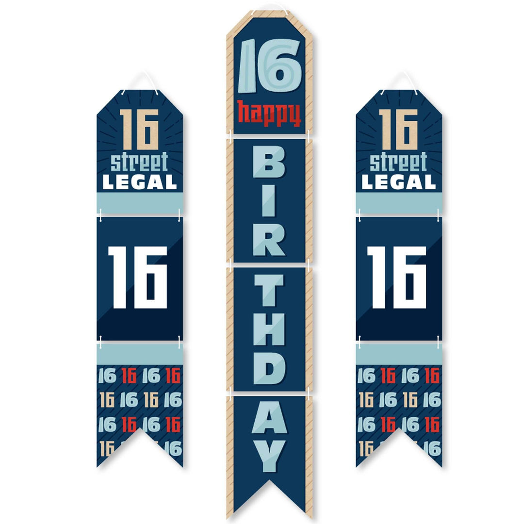 Boy 16th Birthday - Hanging Vertical Paper Door Banners - Sweet Sixteen Birthday Party Wall Decoration Kit - Indoor Door Decor