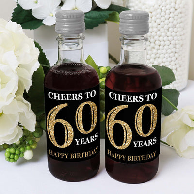 Adult 60th Birthday - Gold - Mini Wine and Champagne Bottle Label Stickers - Birthday Party Favor Gift - For Women and Men - Set of 16