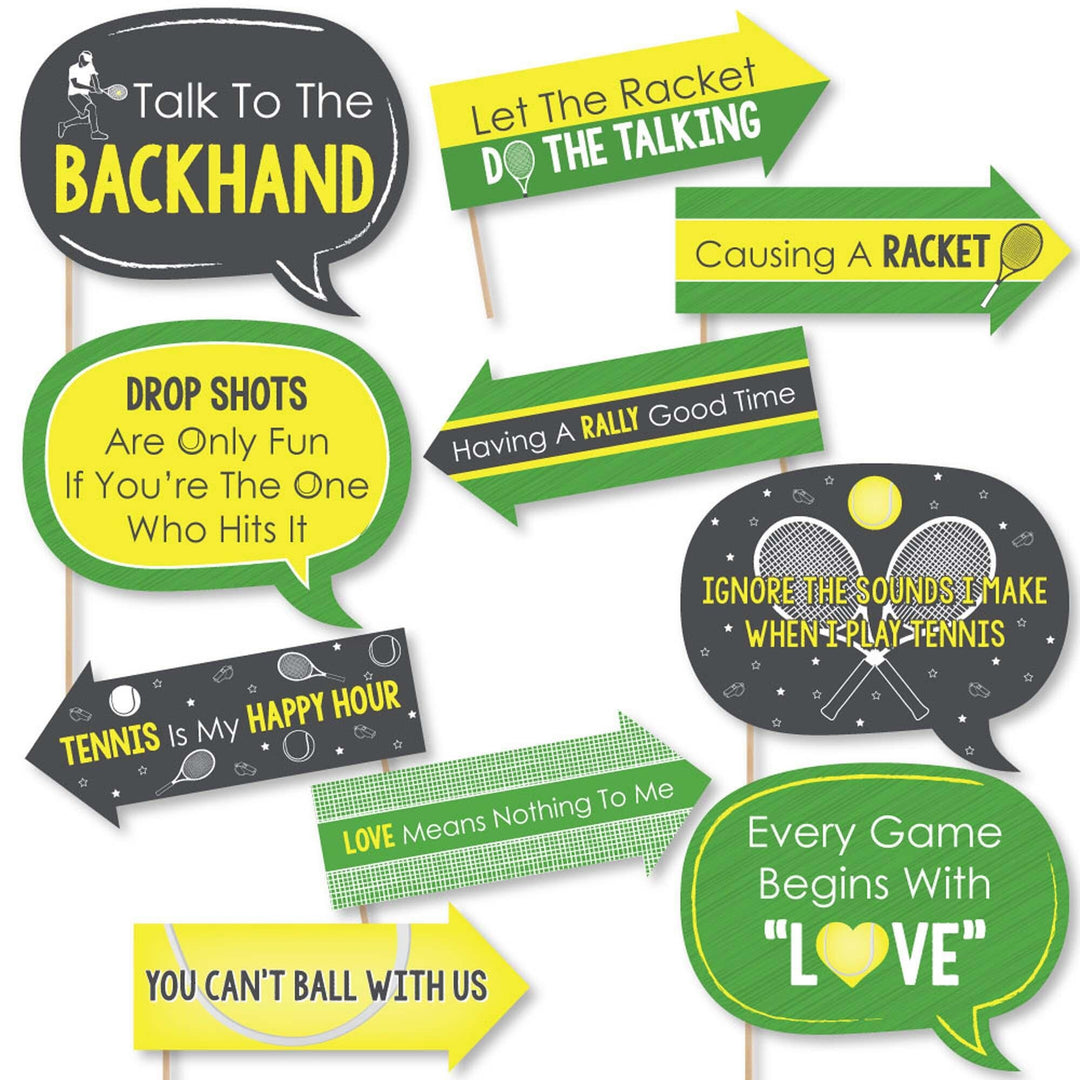 A collection of 10 printed and cut photo booth props related to tennis, with humorous phrases and tennis-themed elements, intended for baby shower or birthday parties.
