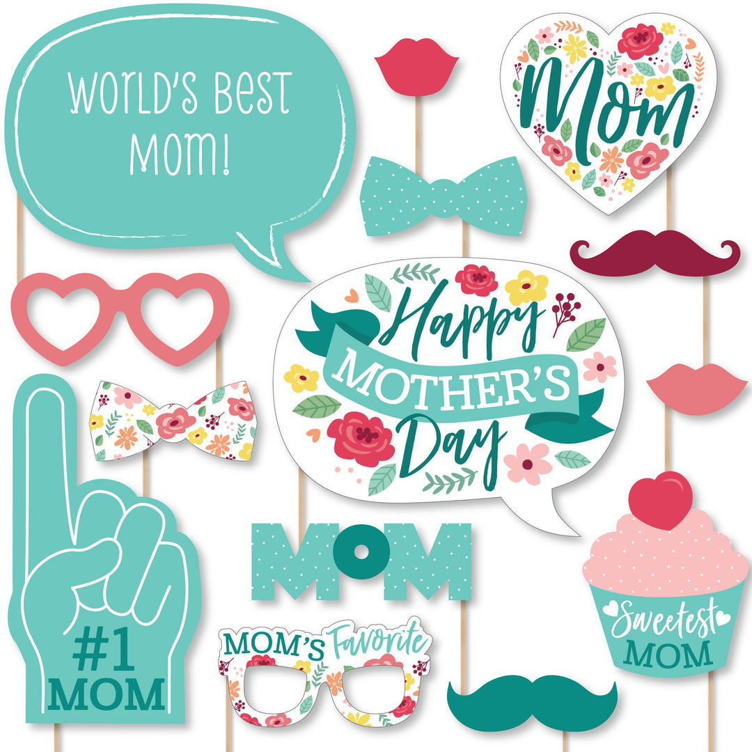 Colorful Floral Happy Mother's Day - We Love Mom Party Photo Booth Props Kit - 20 Count