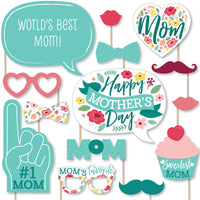 Colorful Floral Happy Mother's Day - We Love Mom Party Photo Booth Props Kit - 20 Count