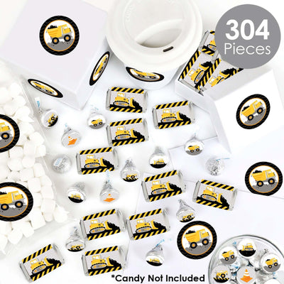 Dig It - Construction Party Zone - Mini Candy Bar Wrappers, Round Candy Stickers and Circle Stickers - Baby Shower or Birthday Party Candy Favor Sticker Kit - 304 Pieces