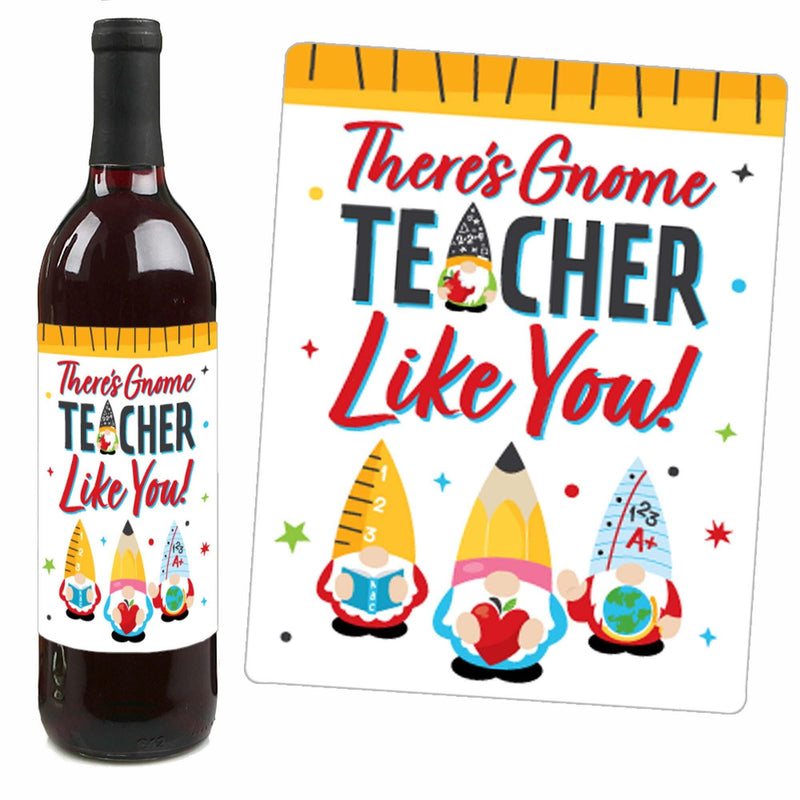 School Gnomes - Teacher and Classroom Decorations for Women and Men - Wine Bottle Label Stickers - Set of 4