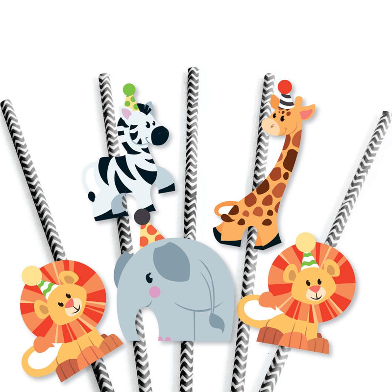 Jungle Party Animals - Paper Straw Decor - Safari Zoo Animal Birthday Party or Baby Shower Striped Decorative Straws - Set of 24
