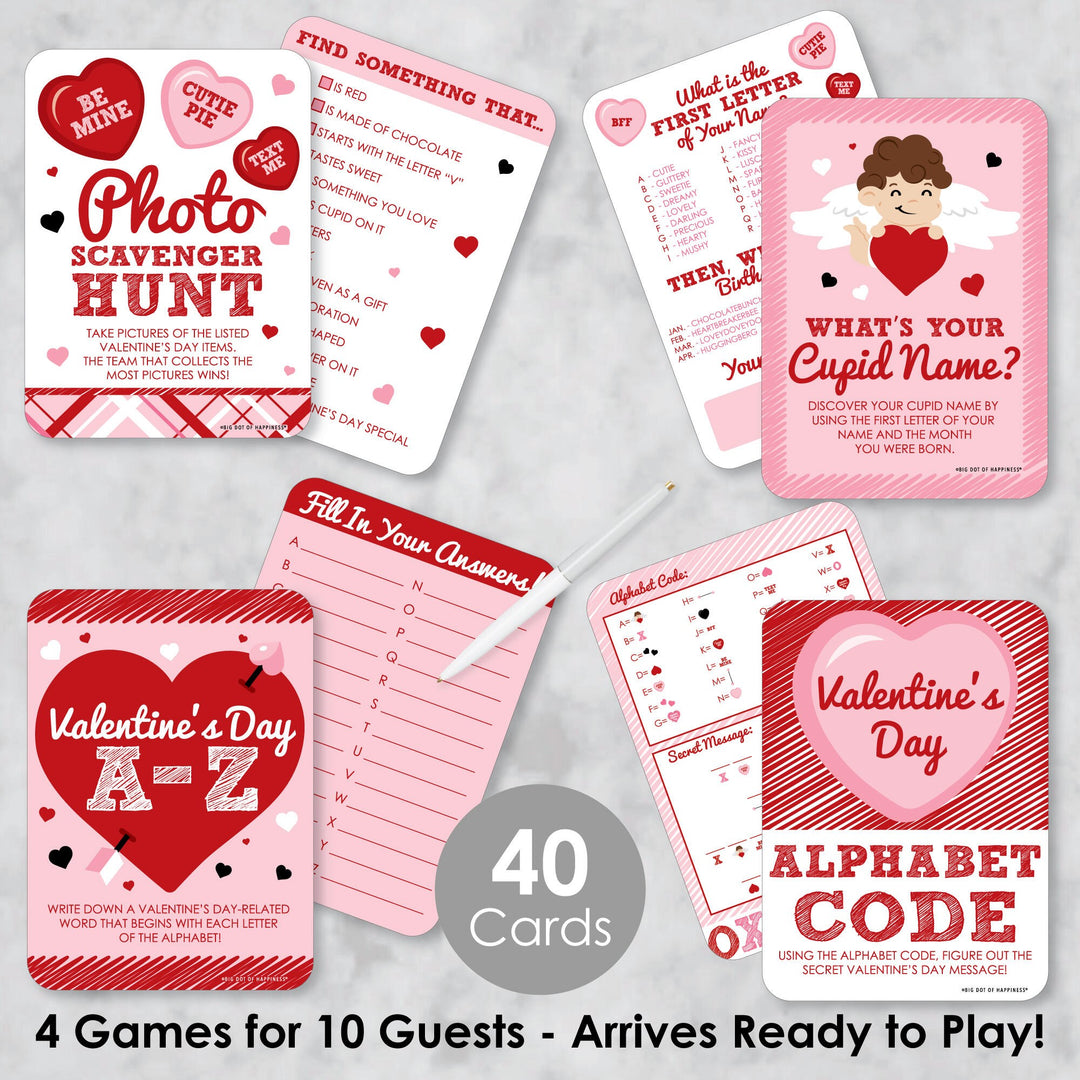 Conversation Hearts - 4 Valentine's Day Games - 10 Cards Each - A-Z, Alphabet Code, What's Your Cupid Name and Photo Scavenger Hunt - Gamerific Bundle