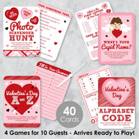 Conversation Hearts - 4 Valentine's Day Games - 10 Cards Each - A-Z, Alphabet Code, What's Your Cupid Name and Photo Scavenger Hunt - Gamerific Bundle