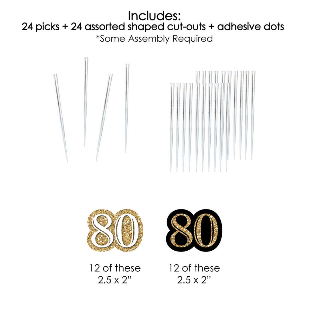 Adult 80th Birthday - Gold - Dessert Cupcake Toppers - Birthday Party Clear Treat Picks - Set of 24