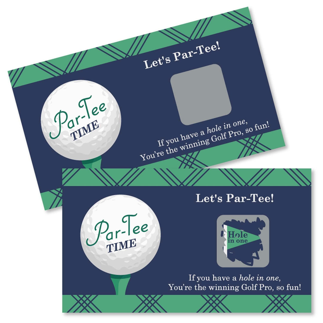 Two scratch-off card designs for a golf-themed party with a green and navy color scheme. One card shows a hole-in-one celebration message and the other displays a golf ball graphic with the text 'ParTee TIME'.