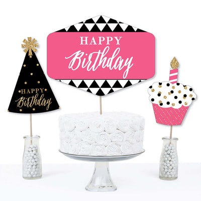 Chic Happy Birthday - Pink, Black and Gold - Birthday Party Centerpiece Sticks - Table Toppers - Set of 15