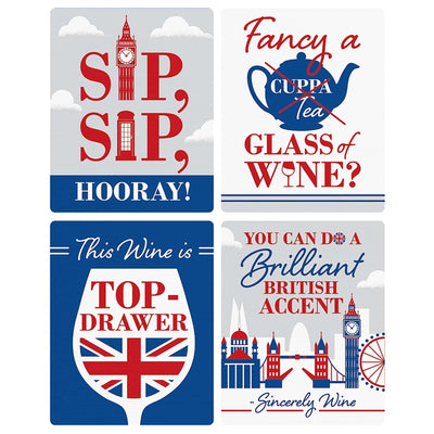 Cheerio, London - British UK Party Decorations for Women and Men - Wine Bottle Label Stickers - Set of 4