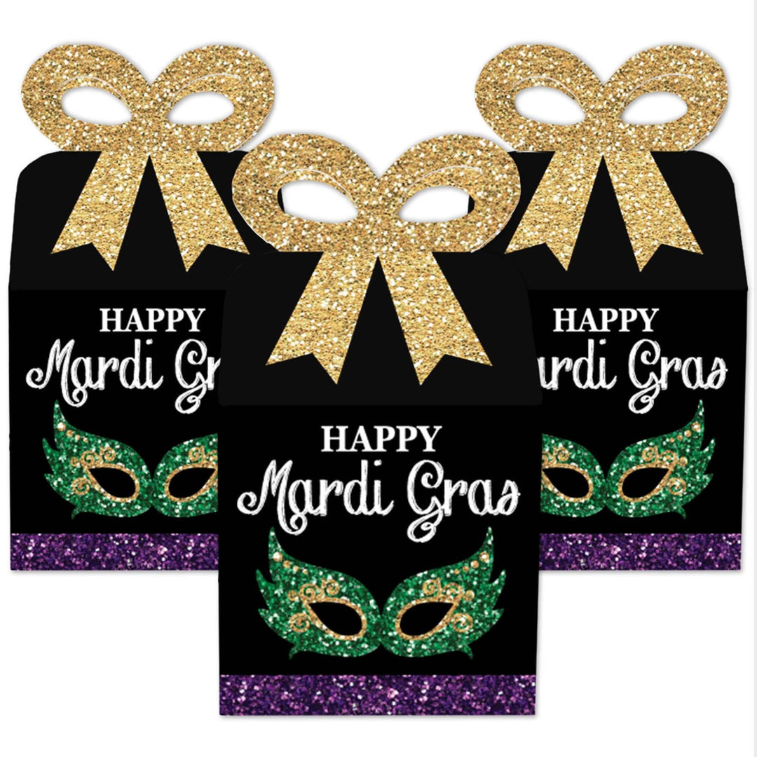 Mardi Gras - Square Favor Gift Boxes - Masquerade Party Bow Boxes - Set of 12