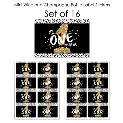 1st Birthday Little Mr. Onederful - Mini Wine and Champagne Bottle Label Stickers - Boy First Birthday Party Favor Gift for Women and Men - Set of 16