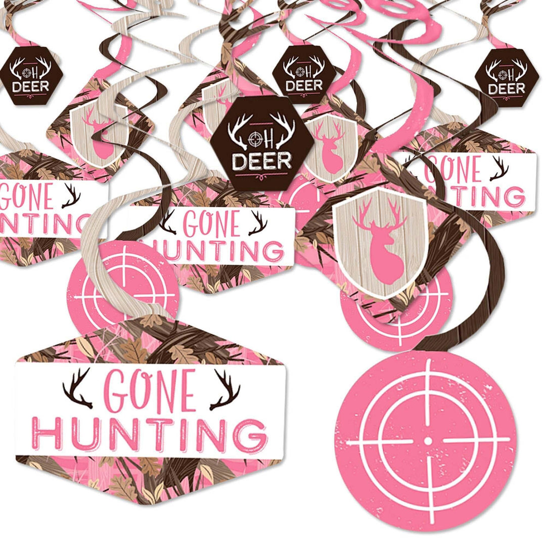 Pink Gone Hunting - Deer Hunting Girl Camo Baby Shower or Birthday Party Hanging Decor - Party Decoration Swirls - Set of 40