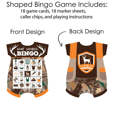 Gone Hunting - Picture Bingo Cards and Markers - Deer Hunting Camo Baby Shower Shaped Bingo Game - Set of 18