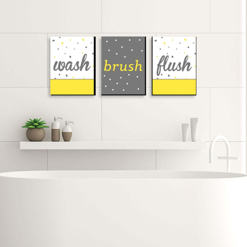 Yellow and Gray - Kids Bathroom Rules Wall Art - 7.5 x 10 inches - Set of 3 Signs - Wash, Brush, Flush