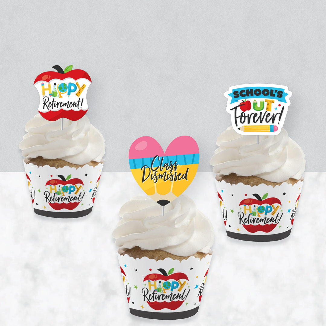Teacher Retirement - Cupcake Decoration - Happy Retirement Party Cupcake Wrappers and Treat Picks Kit - Set of 24