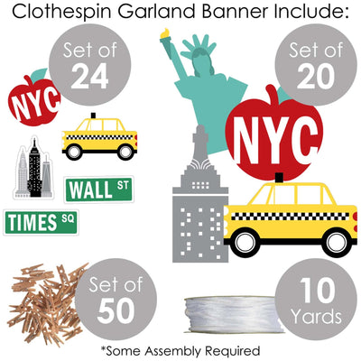 NYC Cityscape - New York City Party DIY Decorations - Clothespin Garland Banner - 44 Pieces