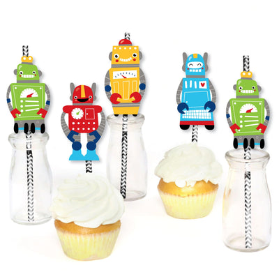 Gear Up Robots - Paper Straw Decor - Birthday Party or Baby Shower Striped Decorative Straws - Set of 24