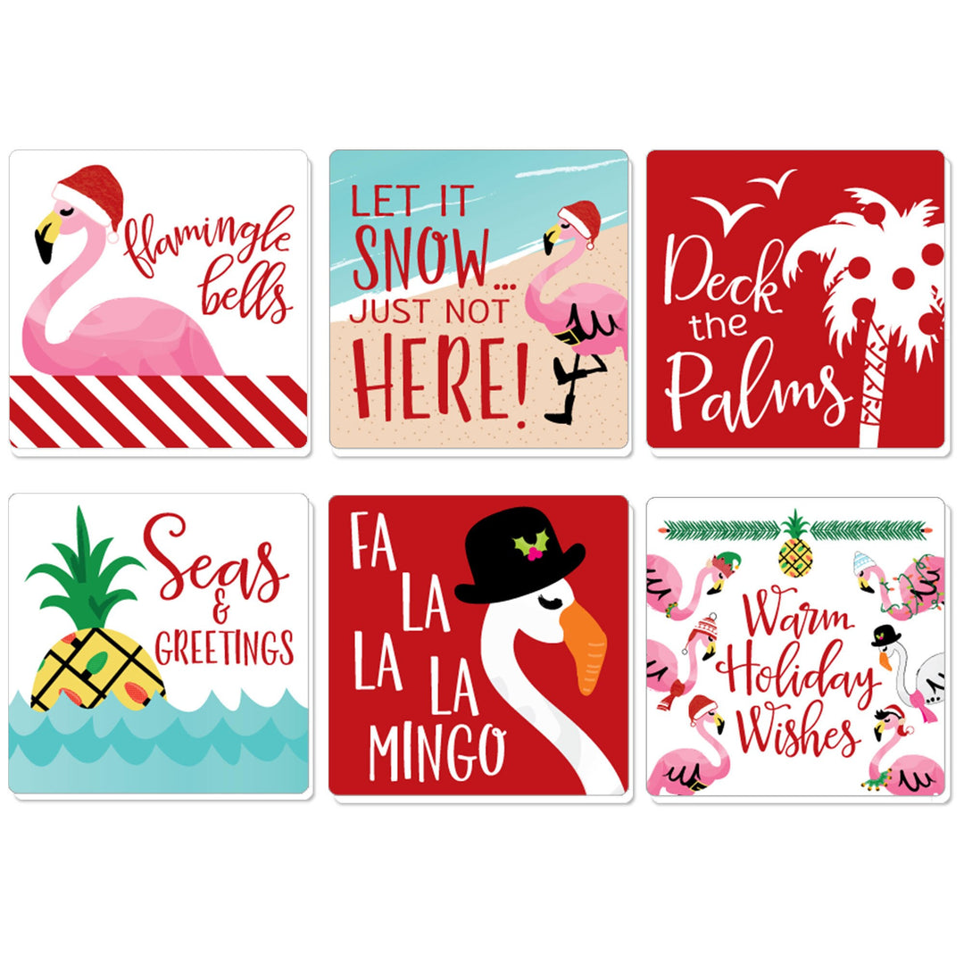 A set of six colorful drink coasters with various tropical and Christmas-themed designs, including a flamingo, palm trees, and holiday greetings.